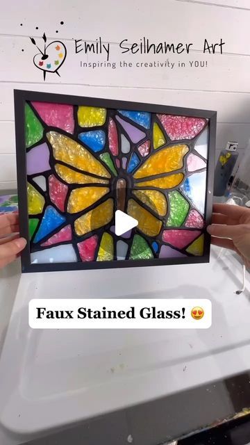 Emily Seilhamer on Instagram: "How to make faux stained glass 😍 Full tutorial out now! #diyideas #easycrafts #artsandcrafts #eastercrafts #tutorials" Emily Seilhamer Art, Stained Glass Art For Kids, Faux Stained Glass Diy, Stained Glass Ideas, Stained Glass Frames, Stained Glass Painting, Bible School Crafts, Easy Fall Crafts, Stained Glass Paint