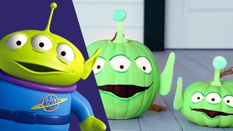 Toy Story Alien Pumpkin Painting, Buzz Lightyear Pumpkin Painting, Buzz Light Year Pumpkin, Toy Story Alien Pumpkin, Buzz Lightyear Pumpkin, Toy Story Pumpkin, The Claw Toy Story, Alien Pumpkin, Miss Halloween