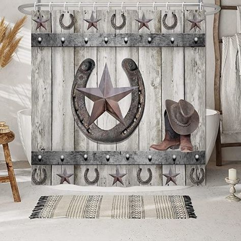 Gray Barn Door, Barn Door Shower, Star Cowboy Boots, Western Shower, Western Shower Curtain, Farmhouse Garage, Retro Farmhouse, Farmhouse Curtains, Texas Star