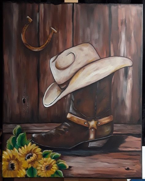 Original  Cowboy boots and hat  with a splash of  country sunflowers.  Horse shoe Acrylic painting on canvas by Utah Artist Teresa Quinonez https://www.facebook.com/PaintTingles/ https://www.instagram.com/paint.tingles/ Canvas Country Painting Ideas, Cowboy Boots And Hat Painting, Cowboy Boot Acrylic Painting, Painting Of Cowboy Boots, Western Window Painting, Acrylic Painting Western, Cowboy Acrylic Painting, Cowboy Paintings Western, Cowboy Boot Painting On Canvas Easy