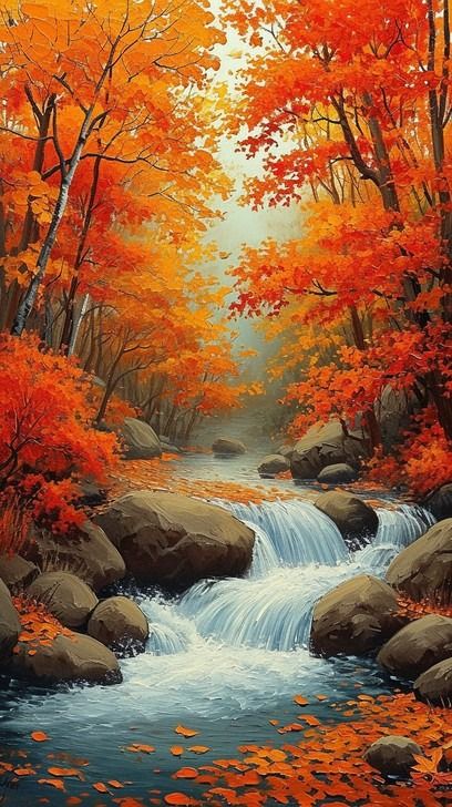 This captivating artwork transports the viewer to a serene autumnal paradise, where the gentle flow of a waterfall creates a soothing melody. The water cascades down a series of rocky outcrops, embraced by a lush tapestry of rich orange and yellow leaves that signify the essence of fall. The trees, awash with the warm hues of the season, stand tall as sentinels of the forest, their reflection in the water adding depth to the scene. The interplay of light and color evokes a sense of calm and beau Waterfall Drawing, Autumn Waterfalls, Orange Forest, Colorful Landscape Paintings, Cascading Waterfall, Cabin In The Mountains, Moonlight Painting, Pretty Trees, River Painting