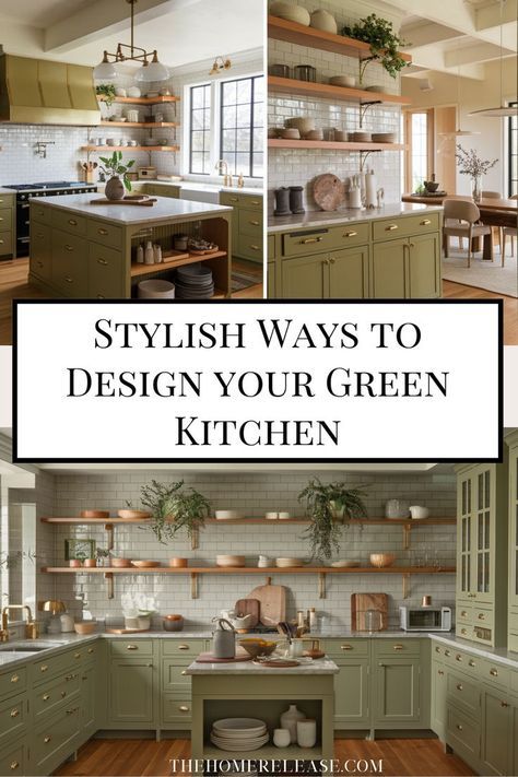 OMG! Just found the most gorgeous green kitchen ideas ever! From dreamy sage green cabinets to bold dark green accents, these designs are a total must-see! Green Lower Kitchen Cabinets, Retro Kitchen Design, Sage Green Cabinets, Green Kitchen Ideas, Earthy Kitchen, Sage Kitchen, Green Kitchen Designs, Dark Green Kitchen, Old World Kitchens