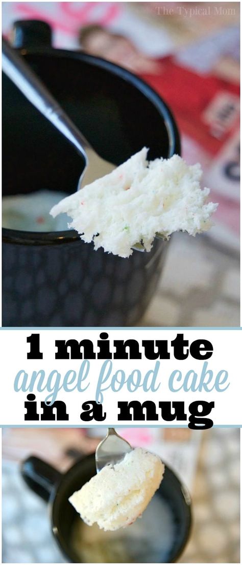 Easy Angel Food Cake in a Mug recipe that takes just 1 minute and it's done to perfection! Perfect dessert in a mug for one treat. ADV via @thetypicalmom Cake For One Person, Easy Angel Food Cake, Cake In A Mug Recipe, Fat Free Desserts, Mug Dessert Recipes, Microwave Mug Recipes, Mug Recipe, Dessert In A Mug, Cake In A Mug