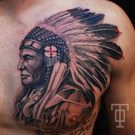 Red Indian Tattoo, Indian Chief Tattoo, Native Indian Tattoos, Tattoo Indian, Indian Skull Tattoos, Indian Tattoo Design, Tattoo Chest, American Indian Tattoos, Native American Tattoos