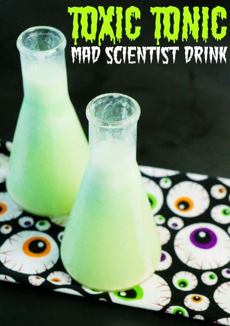 Halloween Drinks: Toxic Tonic | The TipToe Fairy Mad Scientist Halloween, Halloween Recipes Drinks, Mad Scientist Party, Fun Drink Recipe, Scientist Party, Halloween Drinks Alcohol, Tonic Drink, Halloween Drink, Halloween Party Treats