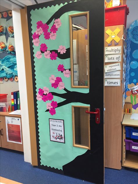 Summer term spring themed blossoming class door display Japanese cherry blossom Blossoming Cherry Blossom Door Decoration, Japan Theme Classroom, Japanese Themed Classroom, Japan Door Decoration, Cherry Blossom Classroom Decoration, Japan Decorations For Classroom, Japan Classroom, Door Decor Classroom, Japanese Classroom