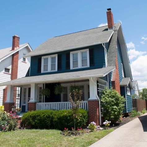 Dark Teal House Paint Reveal (Before and After!) | And Then We Tried Seaworthy Sherwin Williams Exterior, Dark Teal House, Sherwin Williams Seaworthy, House Exterior Before And After, Farmhouse Exterior Colors, Teal House, Temple House, Colonial House Exteriors, Painted House