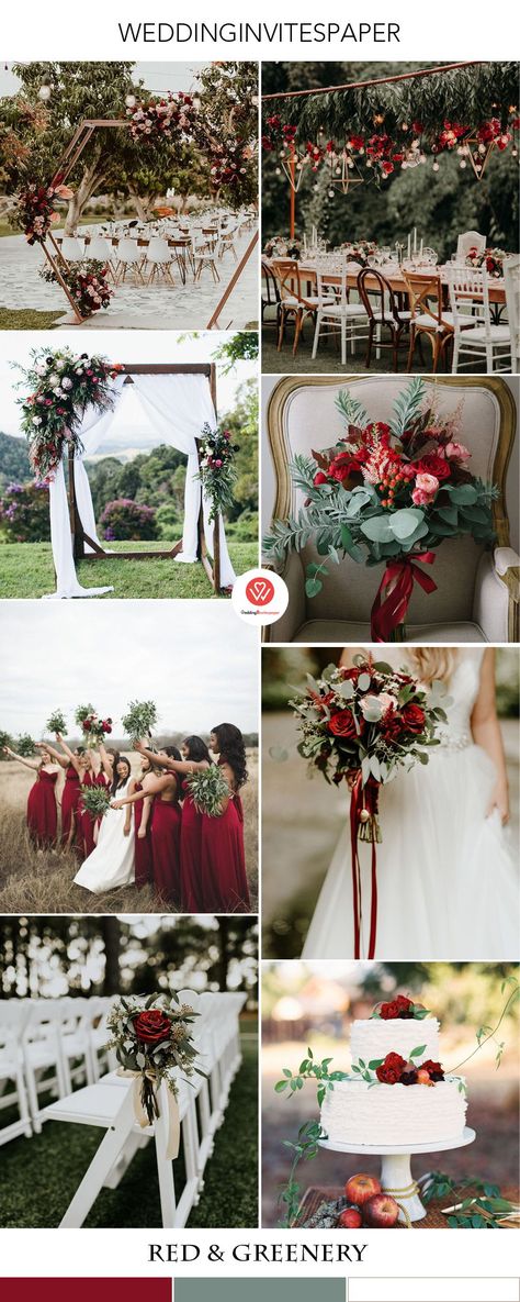 Red And Gold Rustic Wedding, Wedding Red And Green Theme, Red Wedding Theme Romantic Reception, Red Green And Silver Wedding, Deep Red And White Wedding, Dark Red And Sage Green Wedding, Red White And Green Wedding Bouquet, Sage Red Wedding, Red Country Wedding Theme