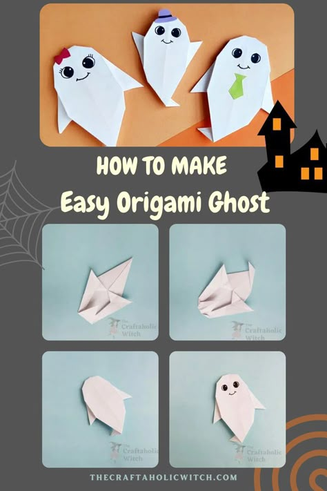 Origami Ghost Ghost Leaf Craft, Spooky Cardboard Crafts, Ghost Origami Easy, Easy October Crafts, Paper Bookmark Ideas, Fall Origami, Easy Origami Step By Step, Origami Ghost, Paper Ghost