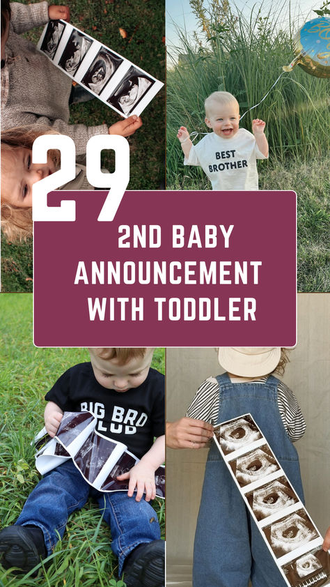 Adorable 2nd baby announcement ideas featuring toddlers. From ultrasound photo props to 'big brother/sister' outfits, these creative setups capture the joy of expanding families! 2nd Baby Photo Shoot Ideas, How To Announce Second Baby To Family, Pregnancy Announcement With Toddler Boy, Pregnancy Announcement To Family Baby #2, Announcing Second Pregnancy To Family, Christmas 2nd Baby Announcement, Twin Pregnancy Announcement Sibling, Here We Grow Again Announcement, New Years Baby Announcement With Sibling