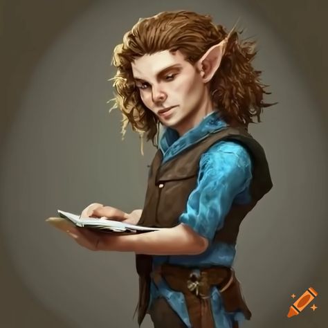 A dungeons and dragons character: young adult male forest gnome wizard short coppery-brown hair, wearing a blue tunic with a dark grey vest, looking at a notebook Gnome Dnd, Gnome Wizard, Forest Gnome, Notebook Drawing, Grey Vest, Dungeons And Dragons Characters, A Notebook, Character Ideas, Unique Image