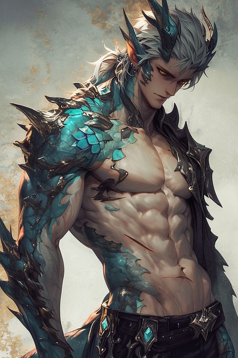 Human With Dragon Scales, Silver Dragon Human Form, Dragon Tattoo Shoulder Men, Hybrid Creatures Art, Dragon Person Hybrid, Dragon Hybrid Oc Male, Dragon Shifter Male, Human Dragonborn, Half Dragon Half Human Male