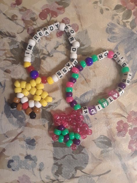 Spongebob  and Patrick Rave Kandi Spongebob Kandi Bracelet, Spongebob And Patrick Bracelets, Funny Rave Kandi, Candy Bracelets Rave, Rave Necklace Kandi, Kandi Sayings Rave, Rave Candy Ideas, Kandi Rosary, Shrek Kandi