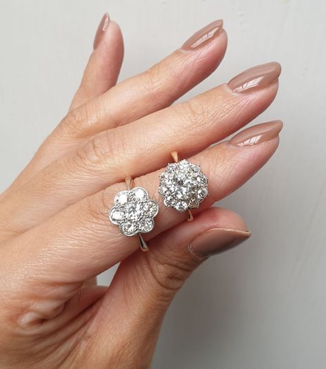 Courtville-Antique & Vintage on Instagram: “We are getting ready for a weekend full of engagement rings. Cluster rings have always been a firm favourite! Do you prefer the daisy…” Antique Diamond Cluster Ring, Antique Cluster Diamond Ring With Diamond Cut, Antique Cluster Diamond Ring With Prong Setting, Antique Cluster Ring With Single Cut Diamonds, Engagement Rings Cluster, Luxury Antique Diamond Cluster Ring, Antique Brilliant Cut Diamond Cluster Ring, Cluster Rings, Romantic Relationship