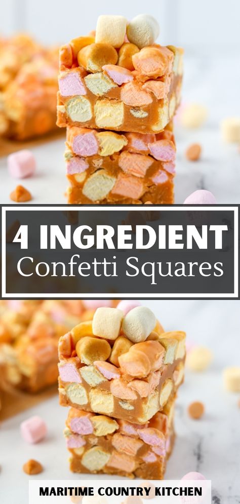 Indulge in the nostalgic delight of Butterscotch Confetti Squares! These easy, no-bake treats combine creamy butterscotch and colorful marshmallows for a burst of flavor. Perfect for parties or a sweet snack, these squares are a crowd-pleasing favorite. Bring joy to your dessert table! Marshmallow Confetti Squares, Colored Marshmallow Squares, Confetti Squares Butterscotch, Butterscotch Confetti Squares, Marshmallow Butterscotch Squares, Butterscotch Marshmallow Squares, Square Desserts, Baking Squares, Colorful Marshmallows