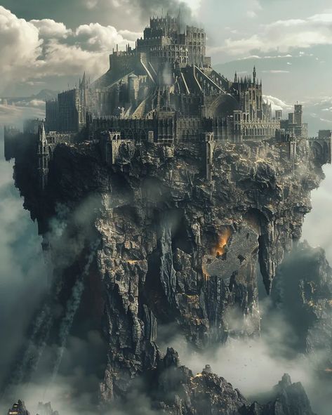 The image is of a castle on a floating rock. The castle is made of black stone and has a gothic style ->> more details in ai-img-gen.com Underworld Castle, Stone Kingdom, Dnd Artwork, Dnd Landscape, Lugares Aesthetic, Mysterious Castle, Punk Tactics, Floating Castle, Stone Castle