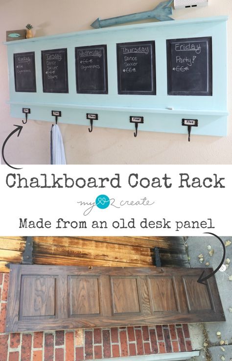 How to make a Repurposed Chalkboard Coat Rack and keep your family organized!  Full easy to follow picture tutorial at MyLove2Create Repurpose Garage, Upcycling Furniture Ideas, Repurposed Desk, Garage Door Panels, White Furniture Living Room, Upcycling Furniture, Free Furniture, Repurposed Items, Door Panels