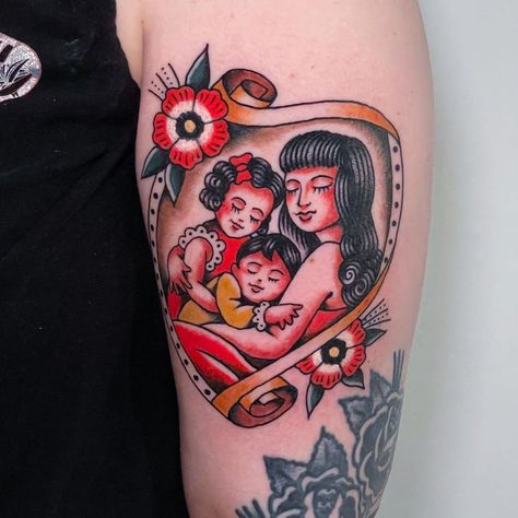 Son Inspired Tattoos, Husband And Wife Traditional Tattoos, Traditional Style Mom Tattoo, Mother Traditional Tattoo, American Traditional Son Tattoo, Motherhood Traditional Tattoo, Mother Daughter Tattoos Traditional, Twin Mother Tattoo, Mother Daughter Traditional Tattoo