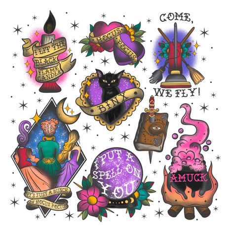 Halloween Wraps, Hocus Pocus Tattoo, Halloween Sleeve, Halloween Eyeshadow, Flash Drawing, Flash Sheets, Wicked Tattoos, Cup Wraps, Spooky Tattoos