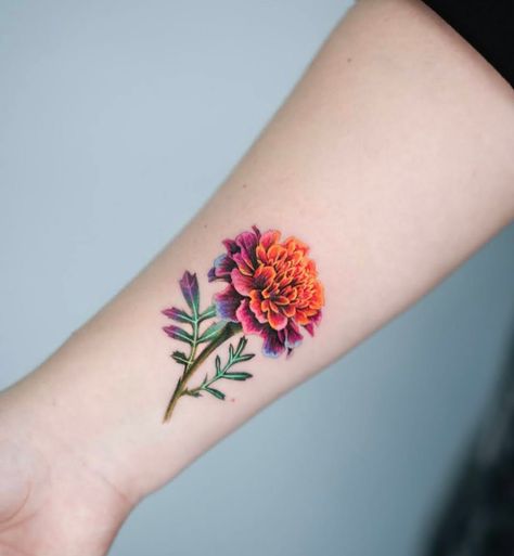 Marigold Tattoo Design, Bright Flower Tattoos, Marigold Tattoos, Marigold Tattoo, Lily Flower Tattoos, Green Tattoos, Tattoo Color, A Ray Of Sunshine, Complicated Love