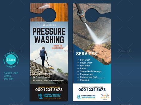 Pressure Washing Door Hanger Design Canva Template - Heropik | Marketing Materials For Small Businesses Door Hanger Advertising, Business Door Hangers, Pressure Washer Tips, Pressure Washing Business, Door Hanger Design, Hanging Washing, Pressure Washing Services, House Wash, Door Hanger Template