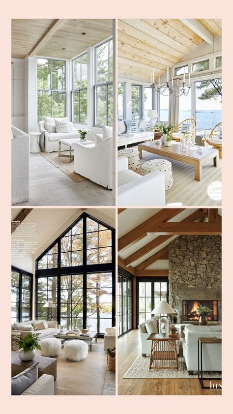 25 MOST BEAUTIFUL LAKE HOUSE LIVING ROOMS - Nikki's Plate Lake House 4 Season Room, Lakefront Living Room Ideas, Lake House Modern Decor, Lake House Great Room Ideas, Lake House Chic, Transitional Lake House, Lake House Living Room Furniture, Lakehouse Design Ideas, Traditional Lake House Interiors