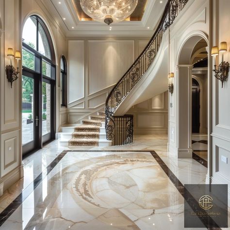 Step into luxury with this grand entrance that sets the tone for opulence and elegance in every corner. 🏰✨ #HomeGoals #ArchitectureLove Staircase Ideas Modern Luxury, Two Stairs Entrance, Two Staircases Entryway, Luxury Staircase Grand Entrance, Staircase Design Modern Luxury Homes, Luxury Home Entrance, Grand Staircase Entrance, Elegant House Interior, Outdoor Curtain Ideas