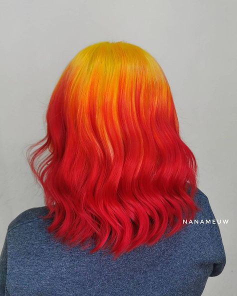 Orange And Yellow Hair, Orange Hair Color, Yellow Orange Hair Color, Yellow To Orange Hair, Red Orange Yellow Hair Short, Yellow Orange Red Hair, Orange To Yellow Ombre Hair, Gradient Hair, Red Ombre Hair