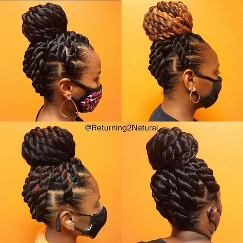 50 Stunning Twist Hairstyles Worth Taking Screenshots - Hair Adviser Twist Braids Updo, Braided Updo For Black Women, Afro Hair Twists, Color Locs, Braid Tutorials, Jumbo Twists, Vacation Hair, Twist Cornrows, Flat Twist Hairstyles