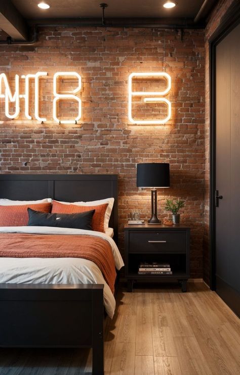 Brick Wall Teenage Bedroom, Brick Accent Wall Bedroom Boys, Brick Slip Bedroom Wall, Brick Wallpaper Bedroom Boys, Black Brick Accent Wall Bedroom, Brick Wallpaper Boys Bedroom, Neon Accent Wall, Faux Brick Wall Bedroom Teen Boys, Teen Boy Loft Bedroom Ideas