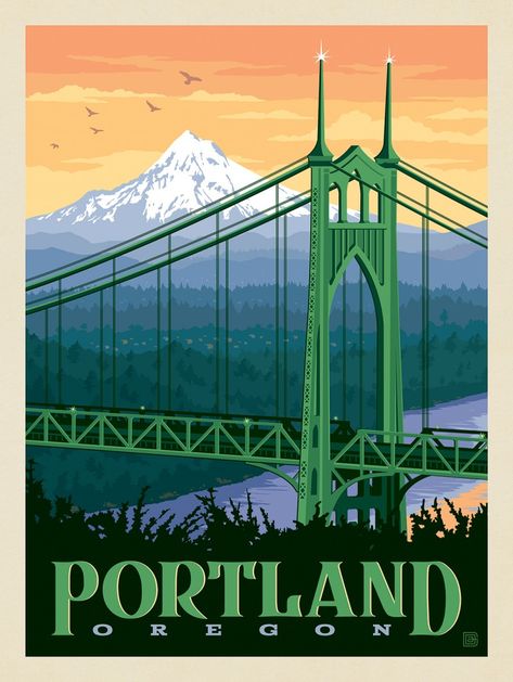 Vintage Oregon Poster, St Johns Bridge Portland, Vintage Portland Oregon, Portland Illustration, Oregon Illustration, Portland Oregon Aesthetic, Portland Poster, Oregon Poster, American Travel Posters