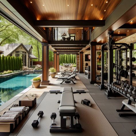 Upgrade your backyard with a custom home gym and pool. The ultimate fitness and relaxation space awaits you! #HomeGym #OutdoorFitness #BackyardTransformation #LuxuryLifestyle #FitnessGoals Home Workout Area Ideas, Ultimate Home Gym, Large Home Gym, Beach Gym, Outside Gym, Gym Space, In Home Gym, Home Gym Design Luxury, Homestead Layout