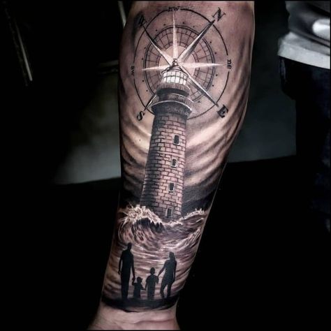 Sleeve Family Tattoos For Guys, Lighthouse Tattoo Women, Mens Tattoos For Kids, Lighthouse And Compass Tattoo, Christian Lighthouse Tattoo, Lighthouse Compass Tattoo, Light House Tattoo Design, Lighthouse Tattoo Men, Lighthouse Tattoo For Women