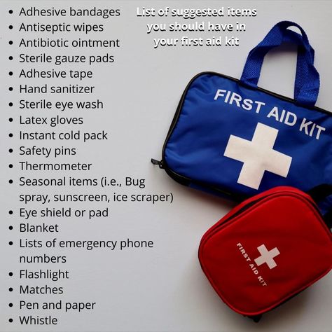 This Friday's safety tip: Make sure you have a First Aid Kit. Check the expiration date on them as well. You can always set a reminder in your phone to change them out once a year. Listed on this picture are recommended items you should have in your First Aid Kit. Let me know in the comments if there is anything missing on this list. Survival Skills Emergency Preparedness, First Aid Tips, First Aid Kits, Ice Scraper, Expiration Date, Bug Spray, Latex Gloves, Cold Pack, Aid Kit