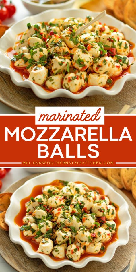 Out of easy party food ideas? Try these Marinated Mozzarella Balls! This finger food starts with mozzarella cheese infused with a flavorful combination of herbs, spices, and Calabrian chiles. It makes the best 4th of July appetizer recipe! Fresh Mozzarella Appetizers, Mozzarella Balls Recipe, Easy Party Food Ideas, Marinated Mozzarella Balls, Party Appetizer Recipes, Fresh Mozzarella Recipe, Cheese Appetizers Easy, Mozzarella Appetizers, Italian Appetizers Easy