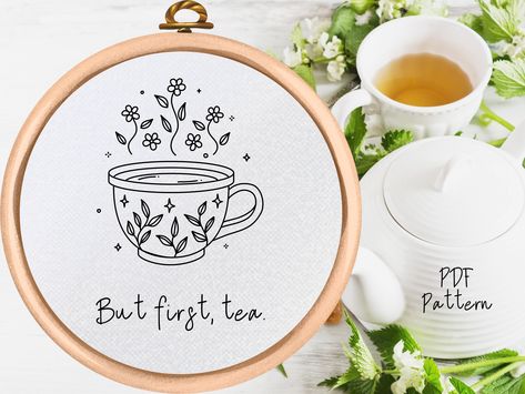 "This charming tea cup hand embroidery PDF pattern is an easy weekend project. It's an easy enough embroidery to be suitable for beginners. More advanced stitchers can use it as a base to add their own customizations. When your DIY embroidery is complete, keep it in the embroidery hoop to display or frame it! This adorable design would make a great gift or kitchen decor. ~ Your purchase comes as an instant digital download PDF, there are no physical items in this purchase. You will need a comput Tea Cup Embroidery, Tea Embroidery, Cup Embroidery, Kitchen Embroidery Designs, Diy Hand Embroidery, Easy Weekend Projects, Tea Design, Christmas Embroidery Designs, Simple Embroidery