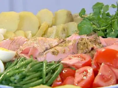 Roasted Salmon Nicoise Platter Recipe | Ina Garten | Food Network Salmon Nicoise, Salad Nicoise, Ina Garten Recipes, Nicoise Salad, Hard Cooked Eggs, Small Tomatoes, Barefoot Contessa, Roasted Salmon, How To Cook Eggs