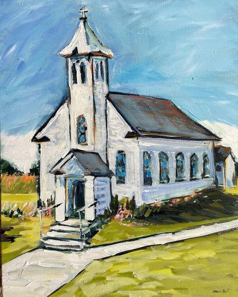 Church Paintings Ideas, Church Painting On Canvas, Southern Paintings, Midwest Core, Chapel Painting, Church Drawing, Church Artwork, Church Painting, Country Churches