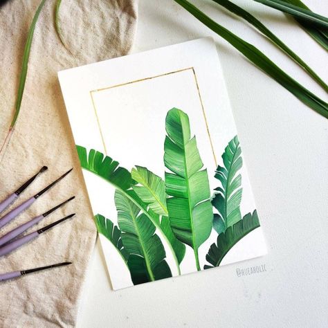 A minimal banana leaves painting radiating fresh summer vibes with a golden frame detail💚✨ #painting #gouache #summer #minimalart Painted Banana Leaves, Banana Leaves Painting, Painting Banana, Banana Leaf Art, Detail Painting, Leaves Painting, Sun Painting, Painting Gouache, Banana Tree