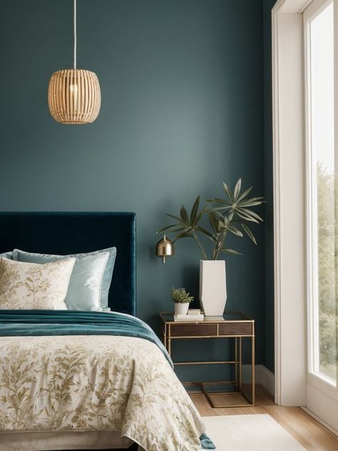 Create a stunning focal point in your bedroom with an accent wall painted in a stylish teal color. Pair it with a chic velvet upholstered bed and add metallic accessories for a touch of glamour. Transform your bedroom into a tranquil retreat with an accent wall in calming teal. Complement it with a sleek platform bed and incorporate natural elements like a bamboo pendant light and plants to create a serene ambiance.. Cyan Bedroom Walls, Navy Blue And Seafoam Green Bedroom, Teal Bedroom Feature Wall, Dark Blue Green Bedroom Walls, Teal Velvet Bed, Teal Green Accent Wall, Bedroom Teal Accent Wall, Aegean Teal Bedroom, Teal Blue Bedroom Ideas