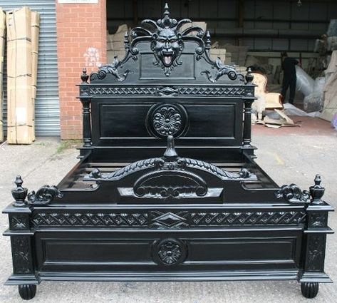 WOW what a resting place! Love the Green man on the headboard of this bed Vampire Bed, Gothic Bed Frame, Gothic Bedroom Furniture, Awesome Bed, Gothic Bed, Medieval Furniture, Gothic Bedroom, Black Bed, Gothic Furniture