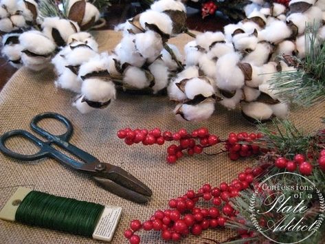 CONFESSIONS OF A PLATE ADDICT: Cotton Boll Wreath Gets a Christmas Makeover Flower Christmas Wreath, Cotton Boll Wreath, Cotton Bolls, French Accent, Easy Wreaths, Flower Christmas, Decorating For Christmas, Cotton Boll, Cotton Bowl