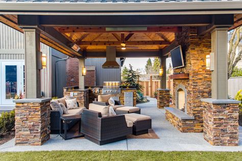 This Seattle-area outdoor family room by @urbanoasisllc features wall mount WD-Series heaters to supplement the warmth from the fireplace so the space can be enjoyed year-round. #outdoorroom #outdoorrooms #seattlehomes #pacificnorthwesthomes #outdoorheater #outdoorheaters #outdoorlivingspace #outdoorlivingspaces #outdoorlivingroom #outdoorlivingarea Tabletop Patio Heater, W Series, Stone Fireplaces, Outdoor Fireplace Patio, Backyard Pavilion, Outdoor Living Rooms, Backyard Bar, Outdoor Kitchen Patio, Backyard Remodel