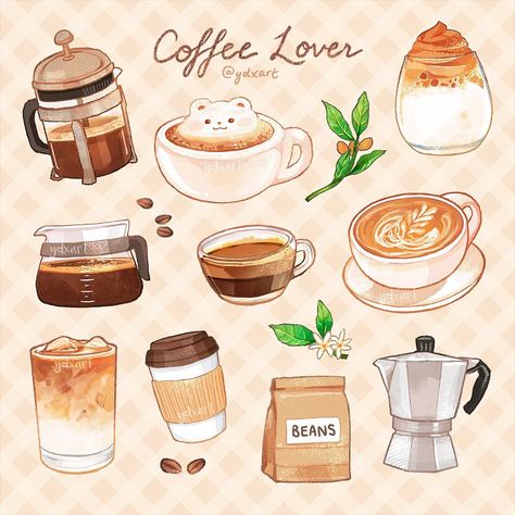 How To Draw Coffee, Cute Coffee Illustration, Coffee Cute Drawing, Coffee Drawing Cute, Coffee Drawing Ideas, Cute Coffee Drawings, Coffee Aesthetic Drawing, Coffee Drawing Aesthetic, Food Drawing Cute