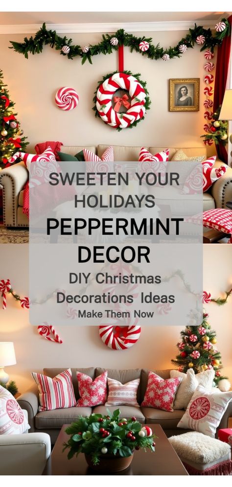 Charming DIY Peppermint Decorations Peppermint Decorations Christmas, Diy Peppermint Candy Decorations, Peppermint Decorations, Peppermint Christmas Decorations, Peppermint Ornament, Peppermint Candles, Christmas Tree Village, Door Crafts, Peppermint Christmas