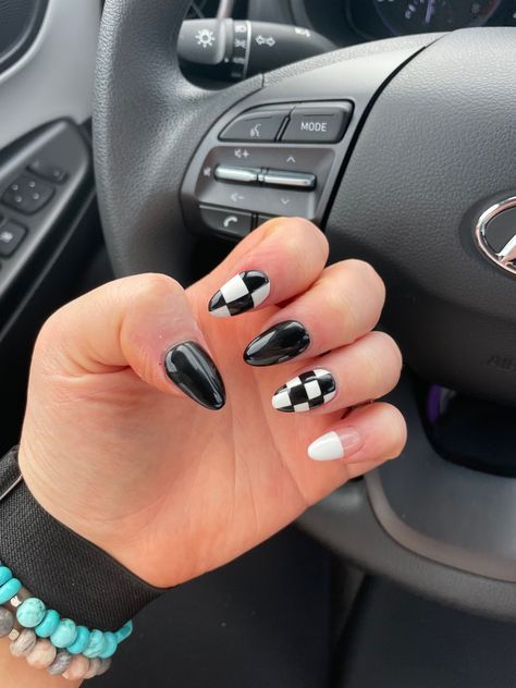 Black, white, checkerboard, acrylic, gel, oval nails, fun, Coffin Checkered Nails, Black Checkerboard Nails, Pink Checkerboard Nails, Gel Oval Nails, Checkerboard Tattoo, Checkboard Nails, Black And White Checkered Nails, Checkerboard Nails, Cowboy Nails