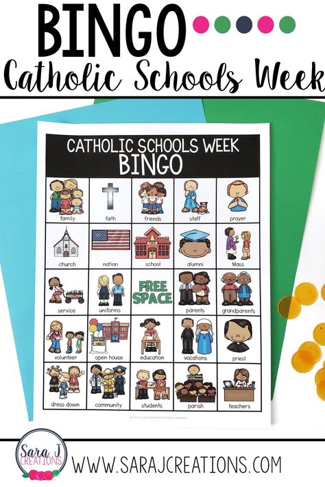 Catholic Schools Week printable Bingo. Perfect for Catholic kids. Catholic Schools Week Ideas, Spirit Day Ideas, Colorful Bulletin Boards, Catholic Schools Week, School Spirit Days, Spirit Day, Liturgical Colours, Catholic Education, Elementary School Classroom