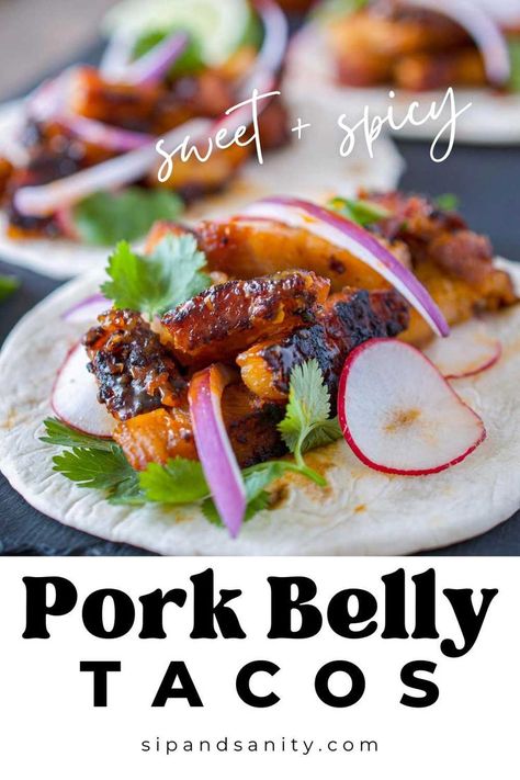 Spice up your day with the irresistible flavors of our Easy Pork Belly Tacos! Crispy, tender, decadent, sweet and spicy. There is so much going on here, but it couldn't be easier. Pork Belly Tacos Recipe, Easy Pork Belly, Spicy Pork Belly, Chipotle Pork, Pork Belly Strips, Chipotle Salsa, Pork Belly Tacos, Chipotle Recipes, Honey Pork