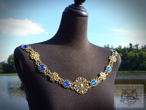 SapphireAndSage - Etsy Medieval Times Dinner, Medieval Accessories, Portrait Jewelry, Jeweled Collar, Chain Collar, Light Sapphire, Themed Jewelry, Custom Jewelry Design, Pearl Color