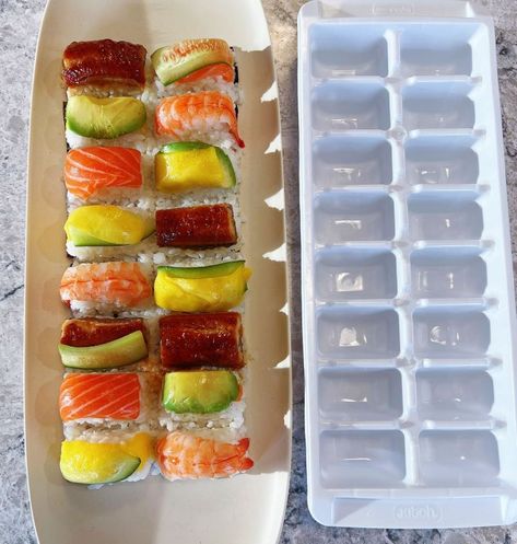 Ice Cube Tray Sushi Recipe | Easy homemade sushi Sushi Cubes, Mochi Skin, Japanese Rice Cake, Sushi Vinegar, Chinese Street Food, Strawberry Mochi, Sushi Lunch, Make Sushi, Easy Sushi